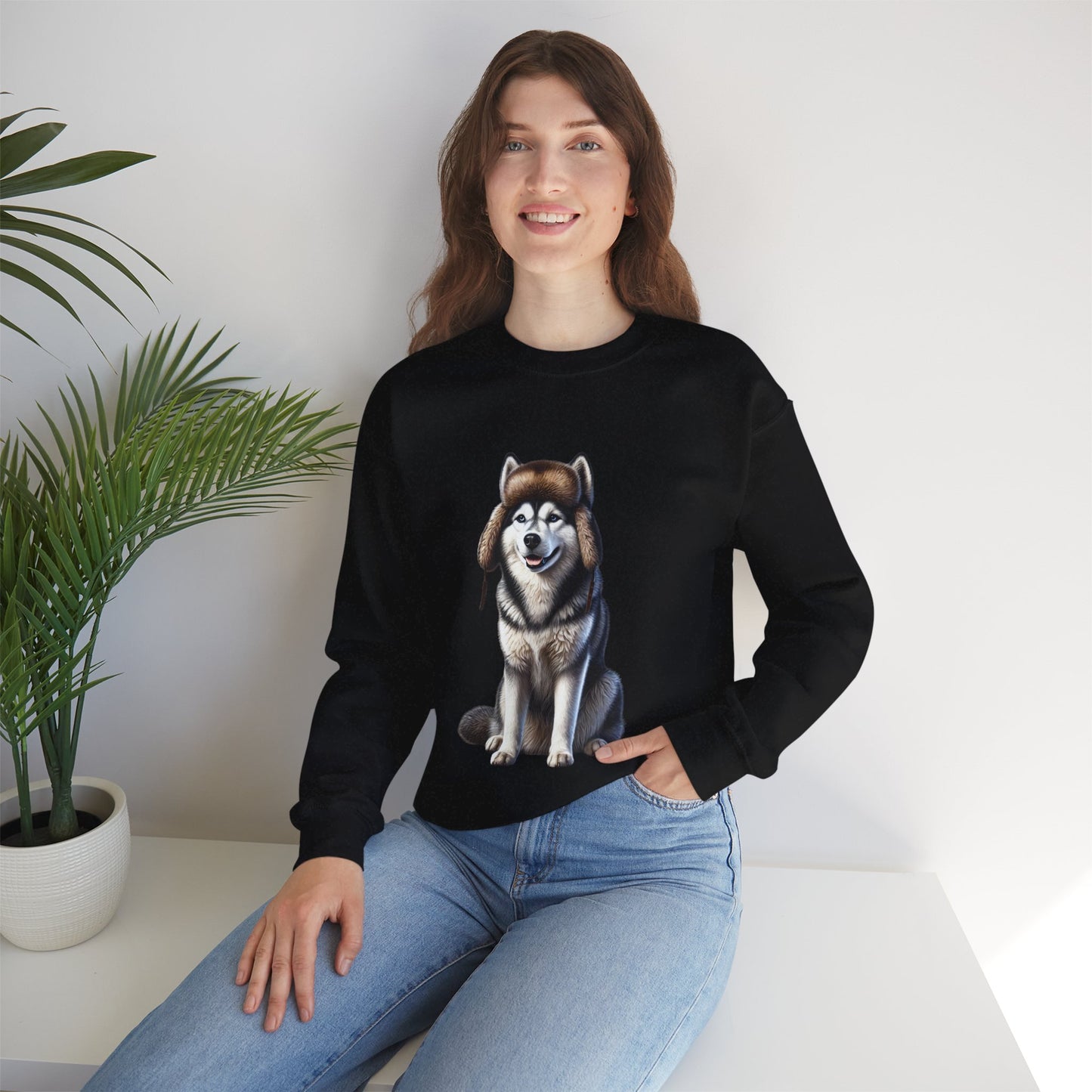 Husky in Fur Trappers Hat - Adult Crewneck Sweatshirt - Too Cute Pets