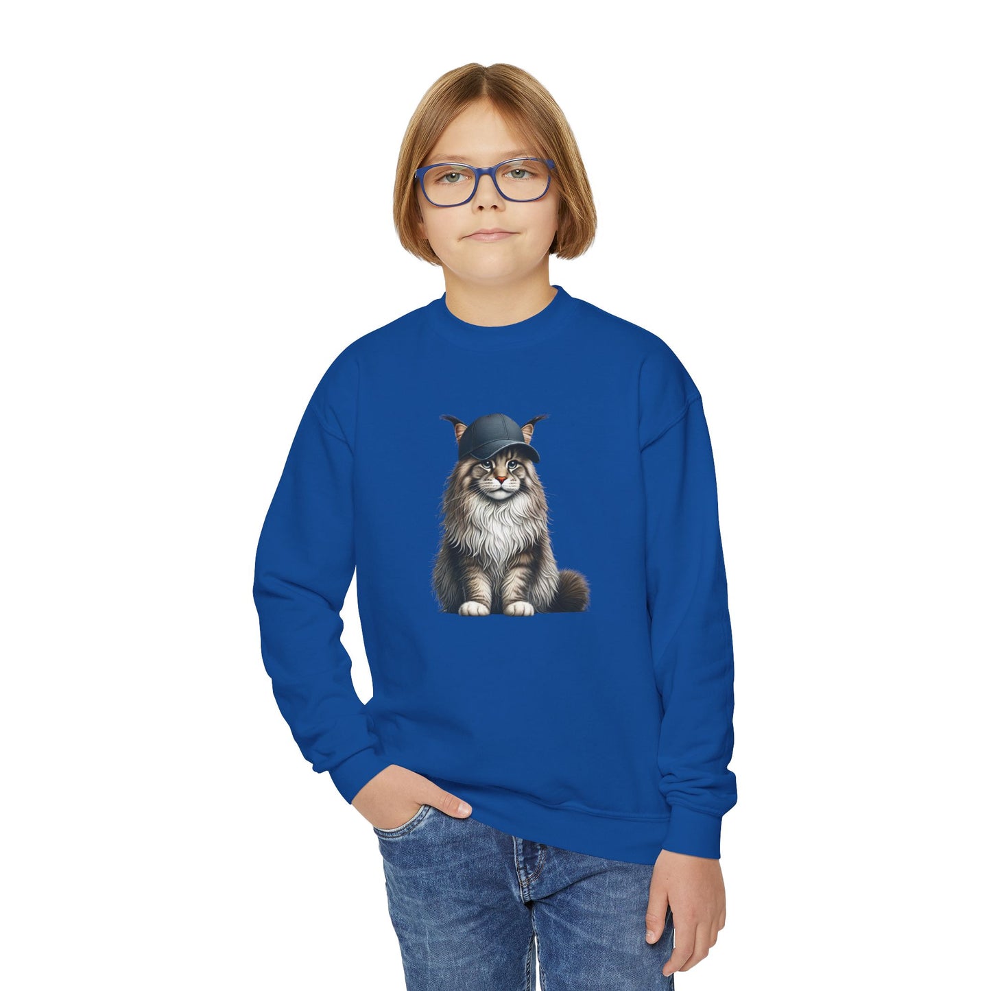 Maine Coon Wearing Baseball Cap - Youth Crewneck Sweatshirt - Too Cute Pets