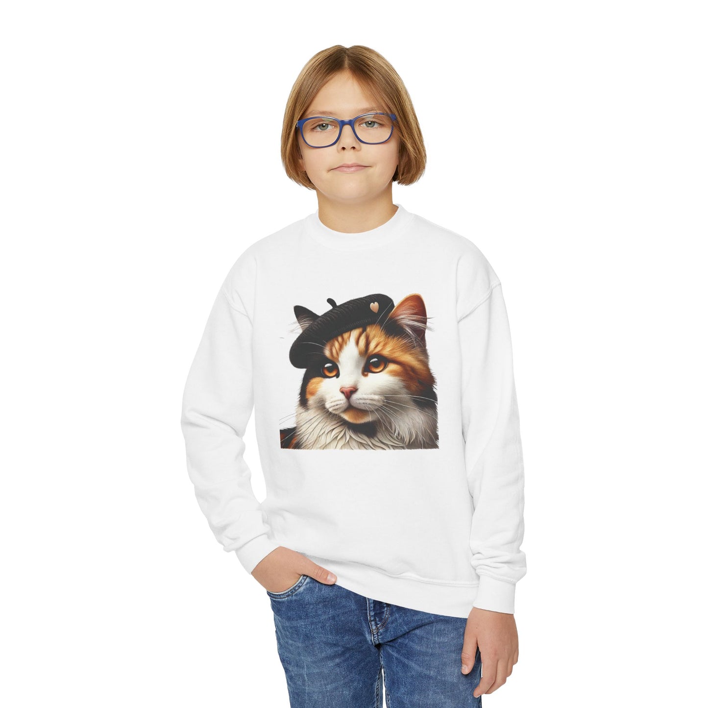 Calico Cat Wearing a Heart Beret - Youth Crewneck Sweatshirt - Too Cute Pets