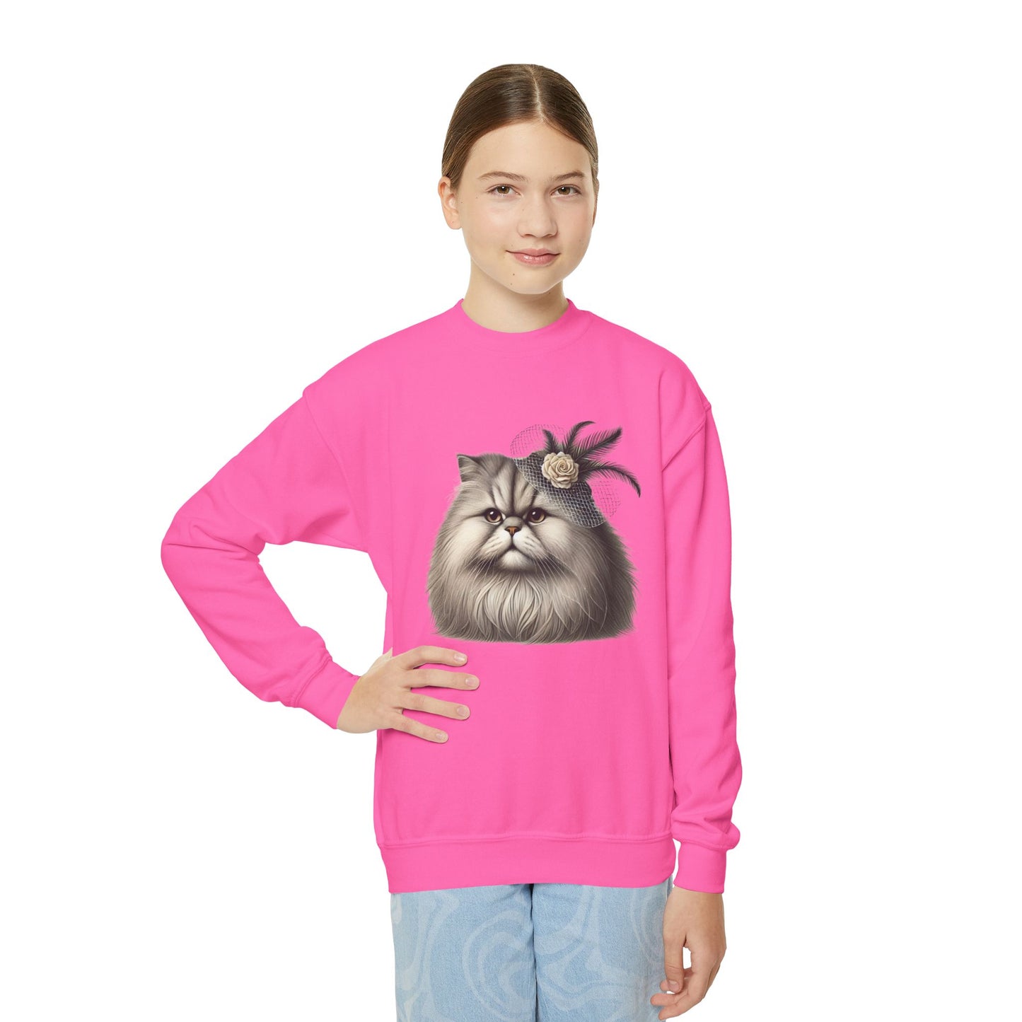 Persian Cat Wearing Fascinator Hat - Youth Crewneck Sweatshirt - Too Cute Pets