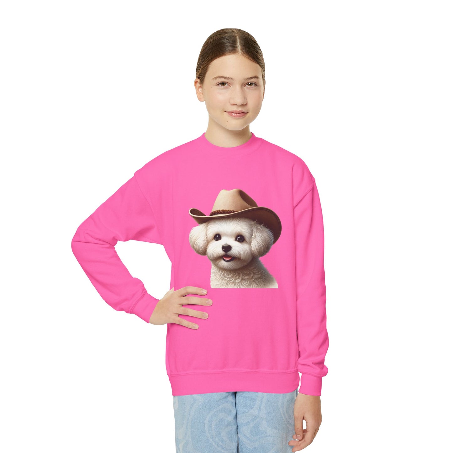Maltese Wearing Cowboy Hat Youth Crewneck Sweatshirt - Too Cute Pets