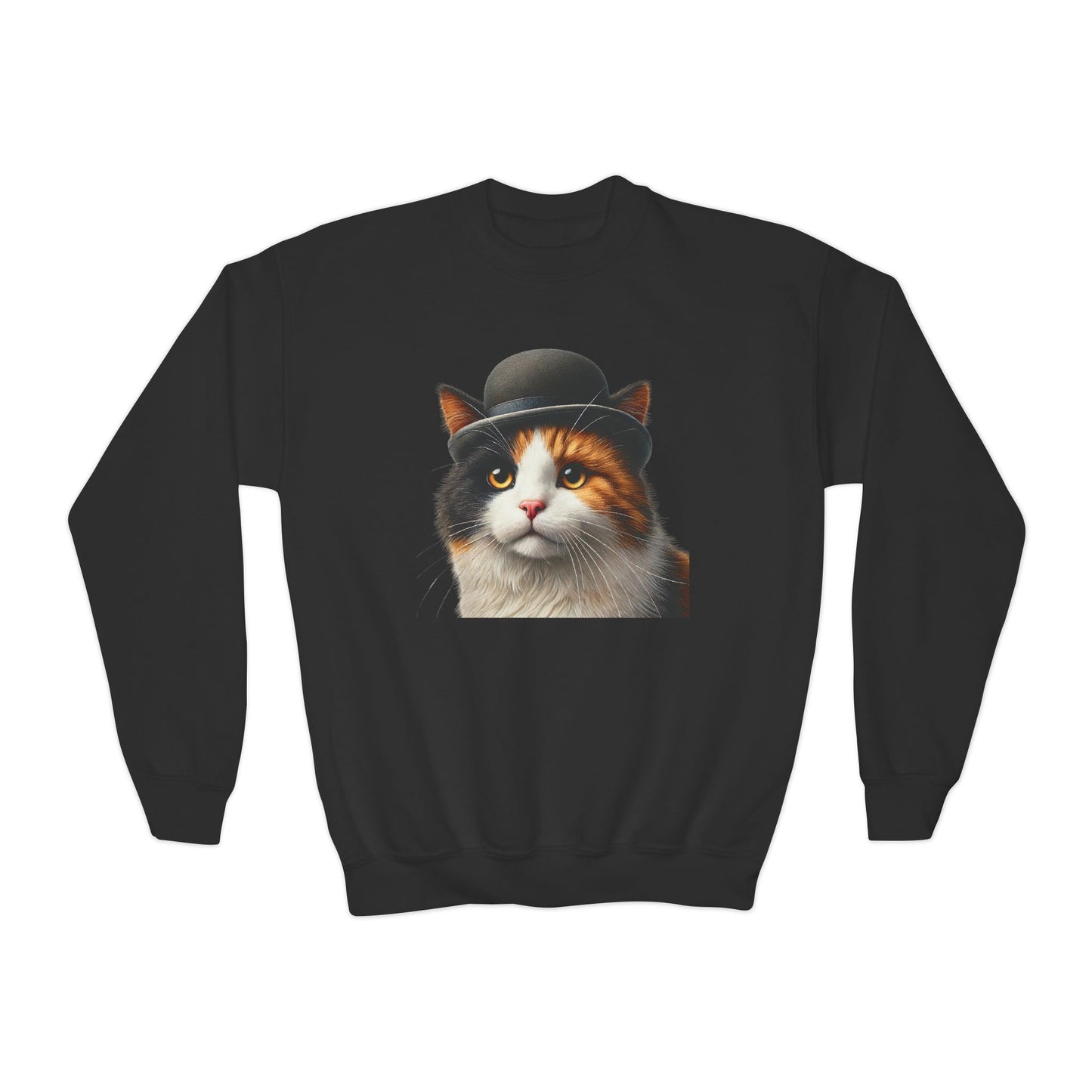 Calico Cat Wearing Bowler Hat Youth Crewneck Sweatshirt - Too Cute Pets