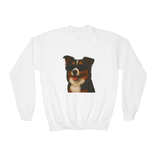 Australian Shepherd Dog Portrait Youth Crewneck Sweatshirt with Sunglasses Design