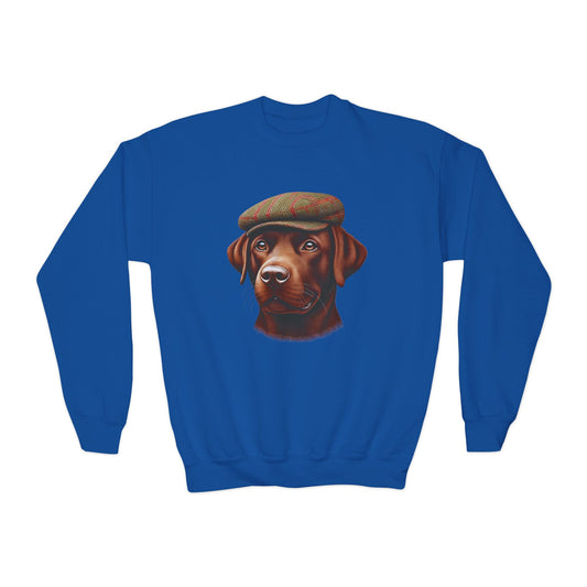Brown Labrador With Tweed Flat Cap - Youth Crewneck Sweatshirt