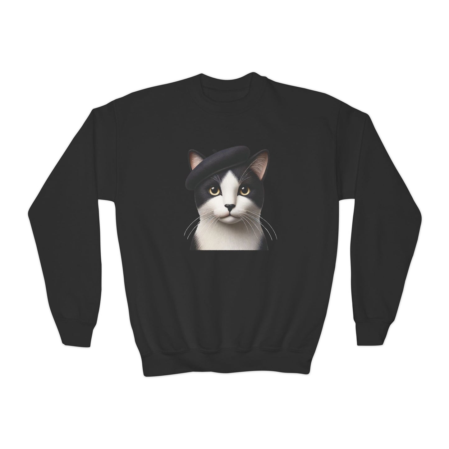 Tuxedo Cat Wearing A Beret - Youth Crewneck Sweatshirt - Too Cute Pets