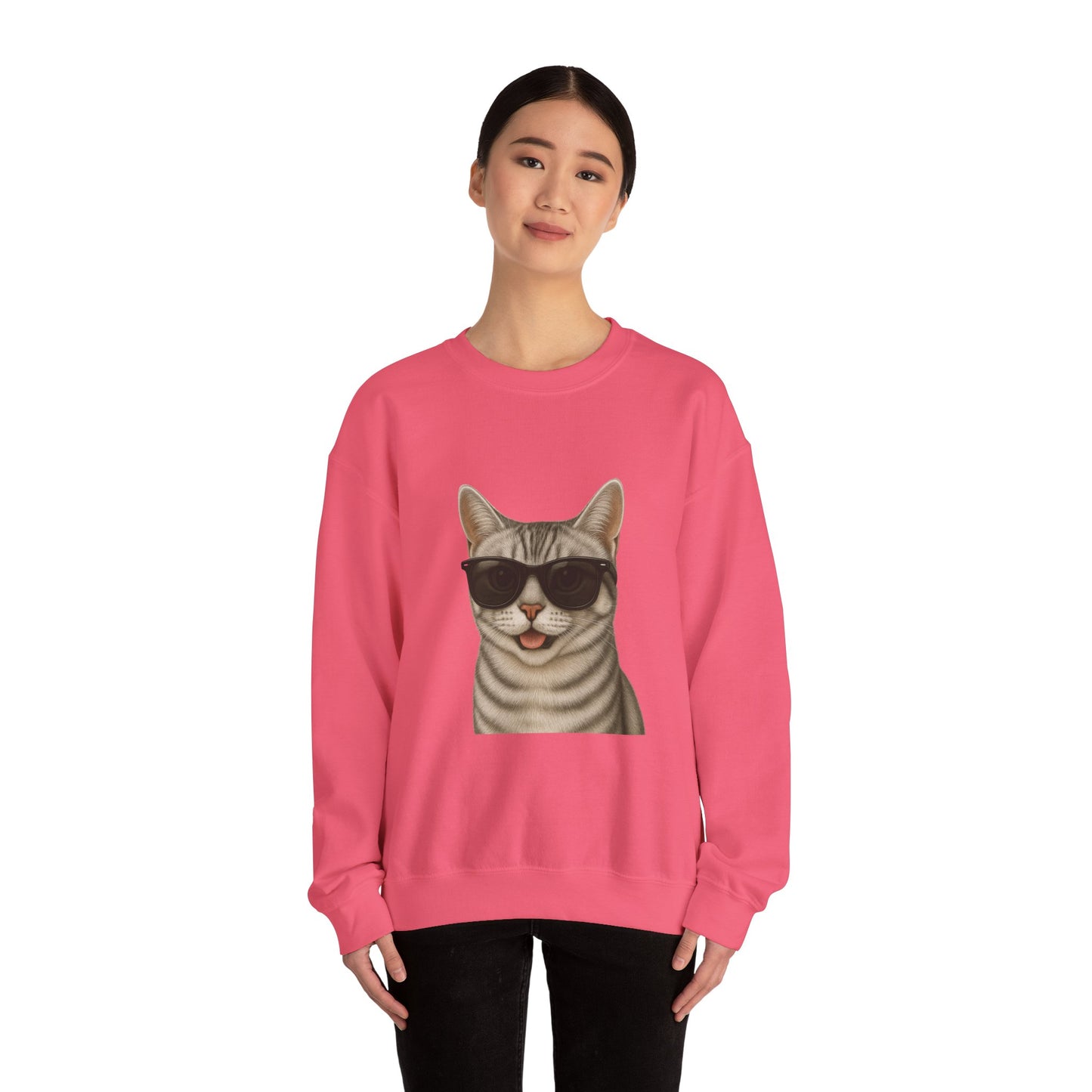 American Shorthair Silver Tabby Wearing Sunglasses - Adult Crewneck Sweatshirt