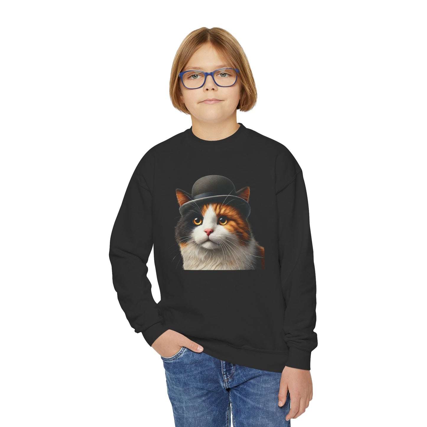 Calico Cat Wearing Bowler Hat Youth Crewneck Sweatshirt - Too Cute Pets