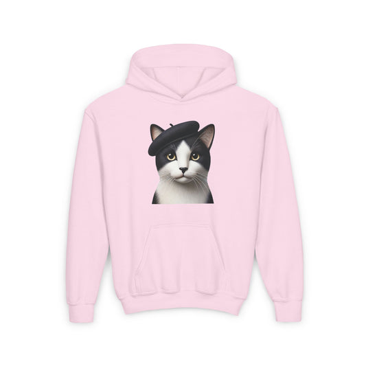 Tuxedo Cat Wearing A Beret- Youth Hoodie Sweatshirt