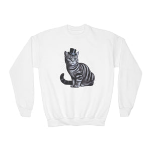 Tabby Wearing Top Hat Youth Sweatshirt (Black & White Image) - Too Cute Pets