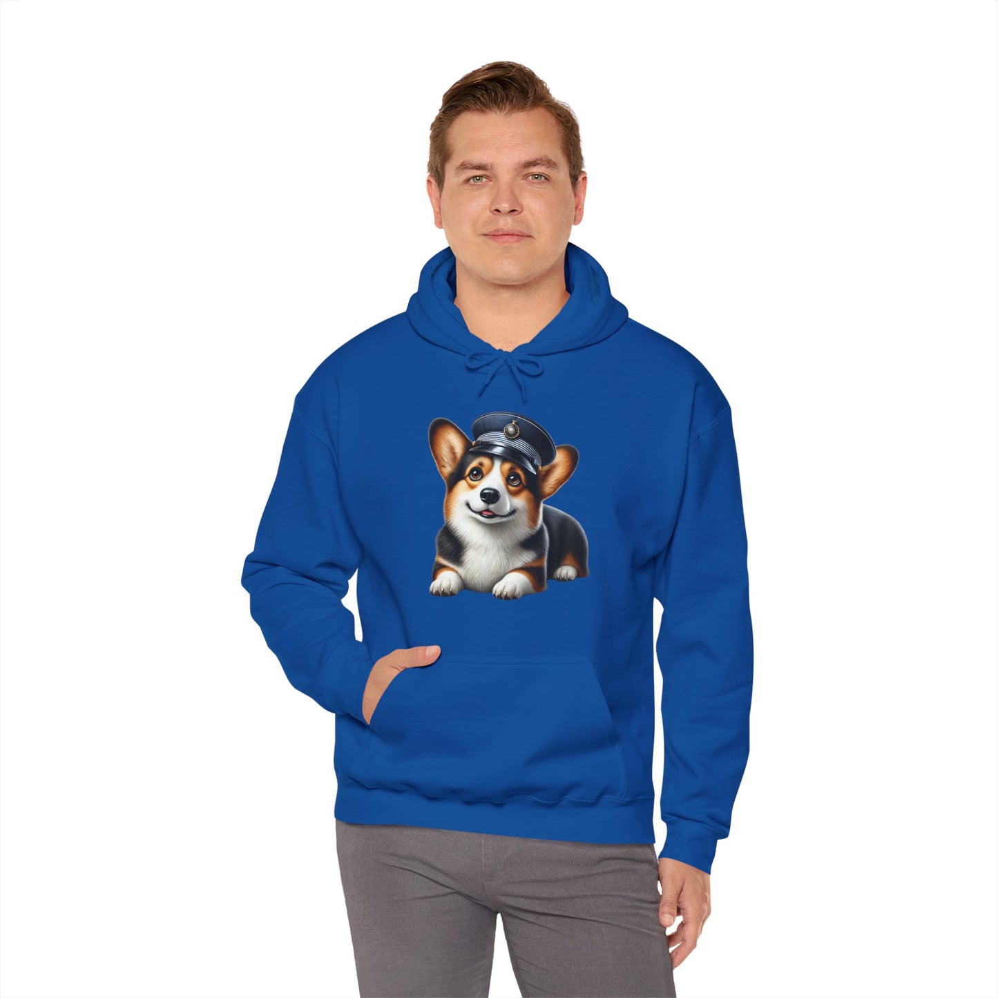Cute Corgi Wearing A Train Conductors Hat - Adult Hoodie - Too Cute Pets
