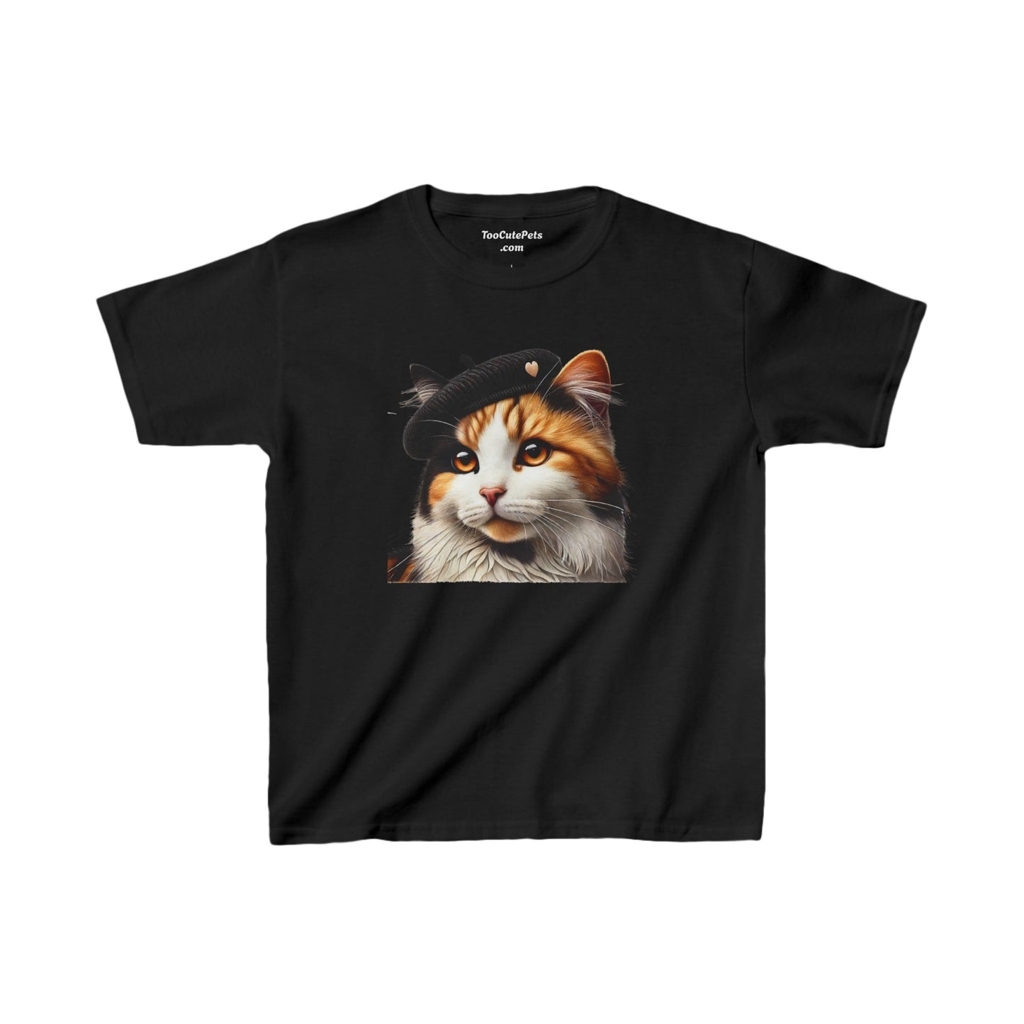 Calico Cat Wearing a Heart Beret Youth T-Shirt - Too Cute Pets
