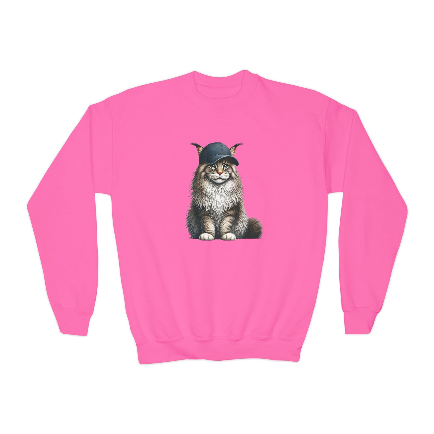 Maine Coon Wearing Baseball Cap - Youth Crewneck Sweatshirt - Too Cute Pets