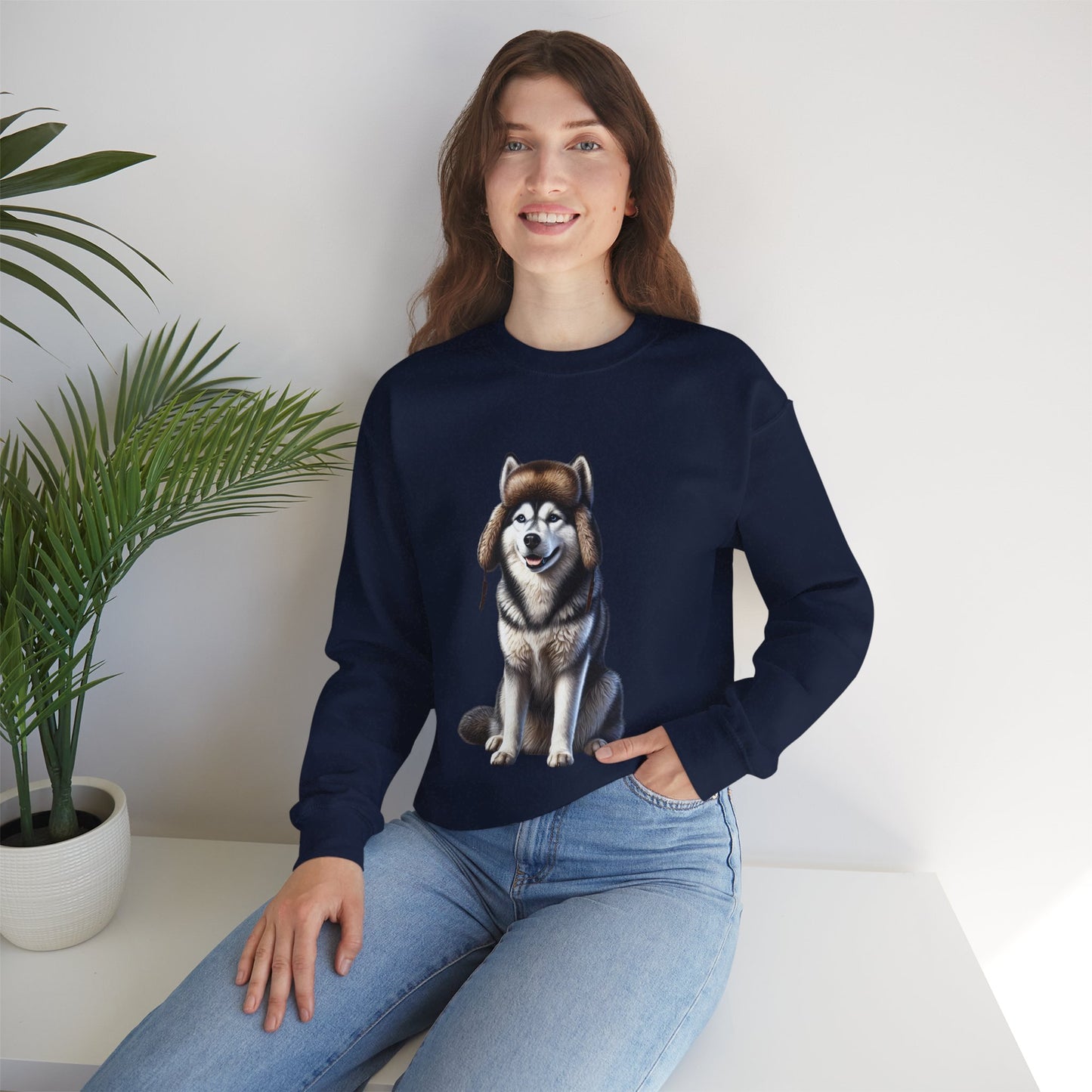 Husky in Fur Trappers Hat - Adult Crewneck Sweatshirt - Too Cute Pets