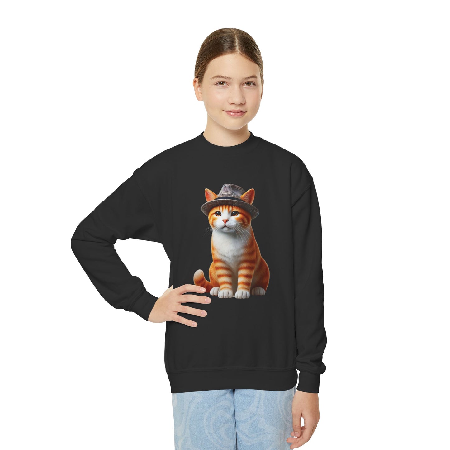 Tabby Kitten With Fedora Hat- Youth Crewneck Sweatshirt - Too Cute Pets