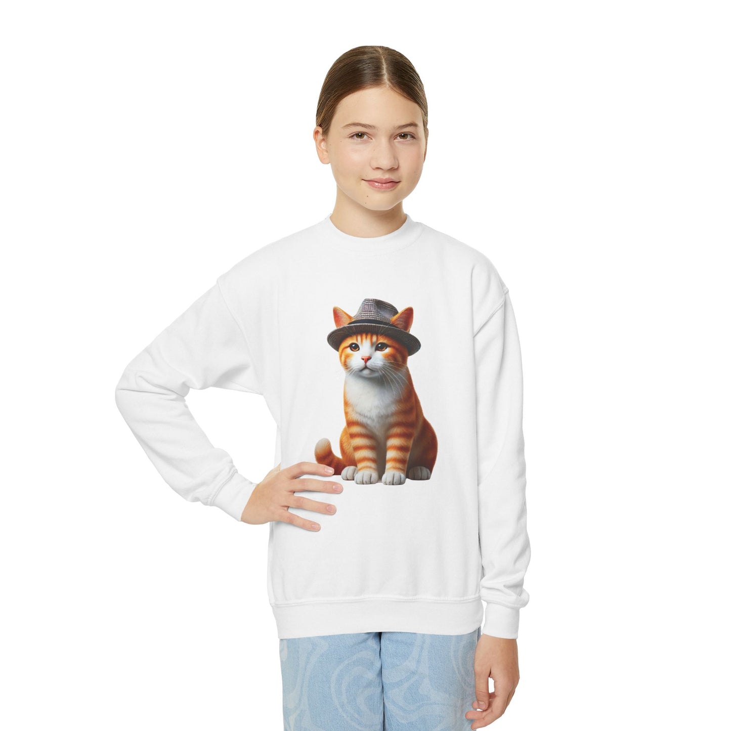 Tabby Kitten With Fedora Hat- Youth Crewneck Sweatshirt - Too Cute Pets
