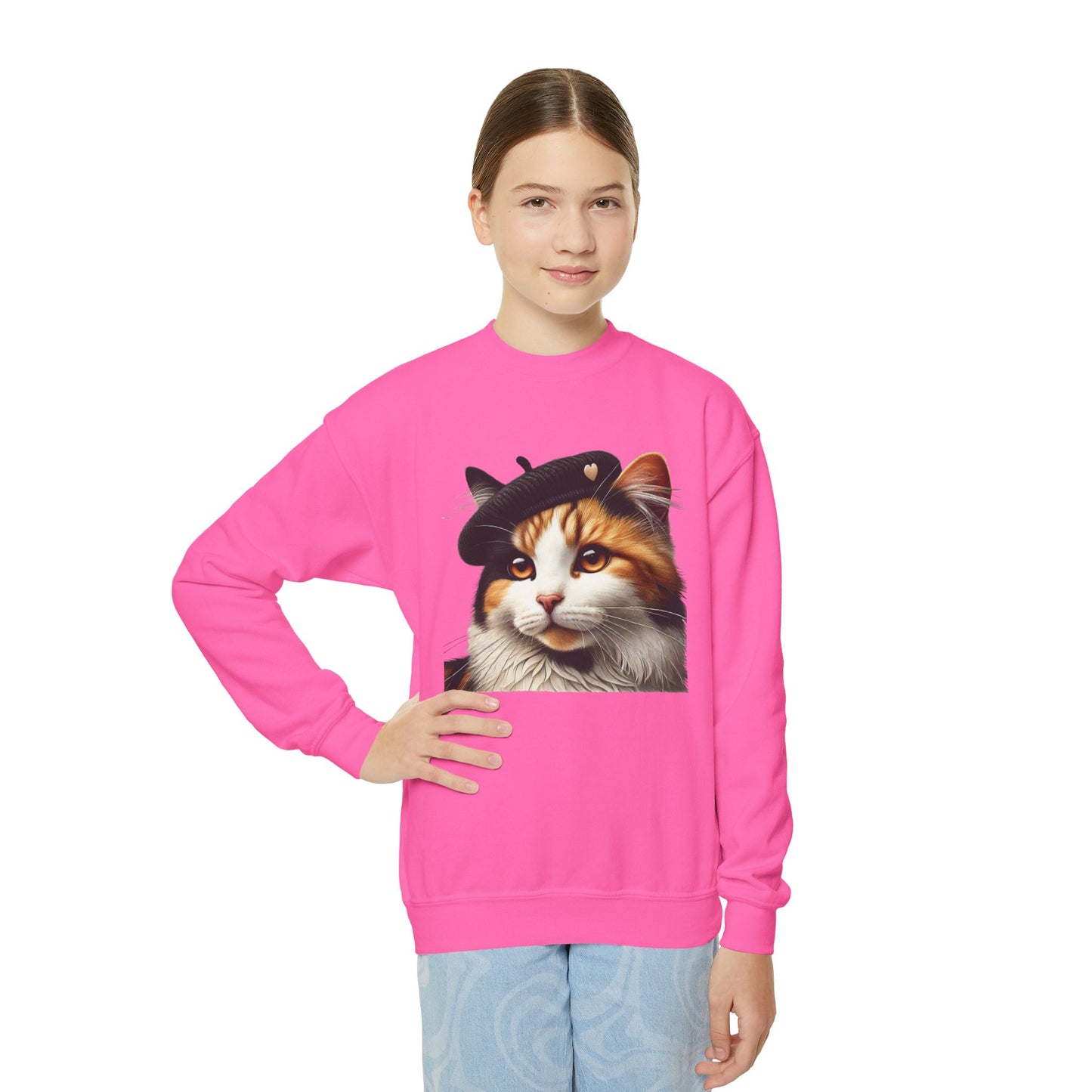 Calico Cat Wearing a Heart Beret - Youth Crewneck Sweatshirt - Too Cute Pets