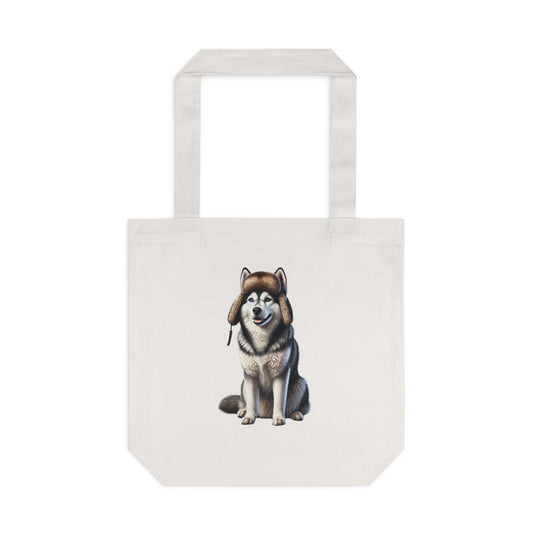 Husky Wearing a Fur Hunter Hat - Cotton Tote Bag