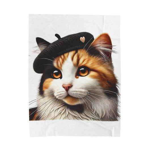 Calico Cat Wearing a Beret - Sherpa Blanket