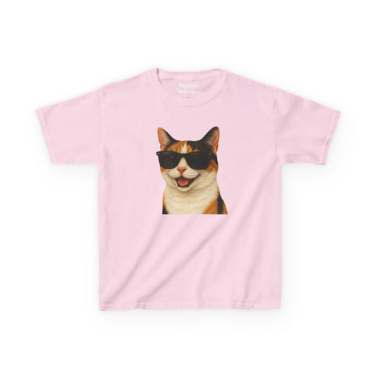 Domestic Shorthaired Calico Cat Wearing Sunglasses Kids Tee