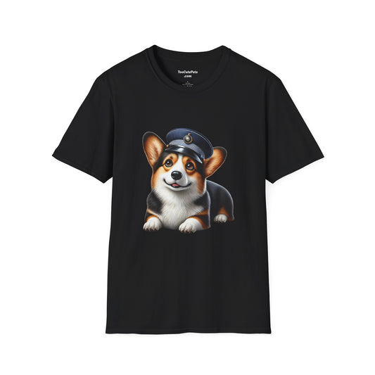 Cute Corgi Wearing A Train Conductors Hat - Adult T-Shirt - Too Cute Pets