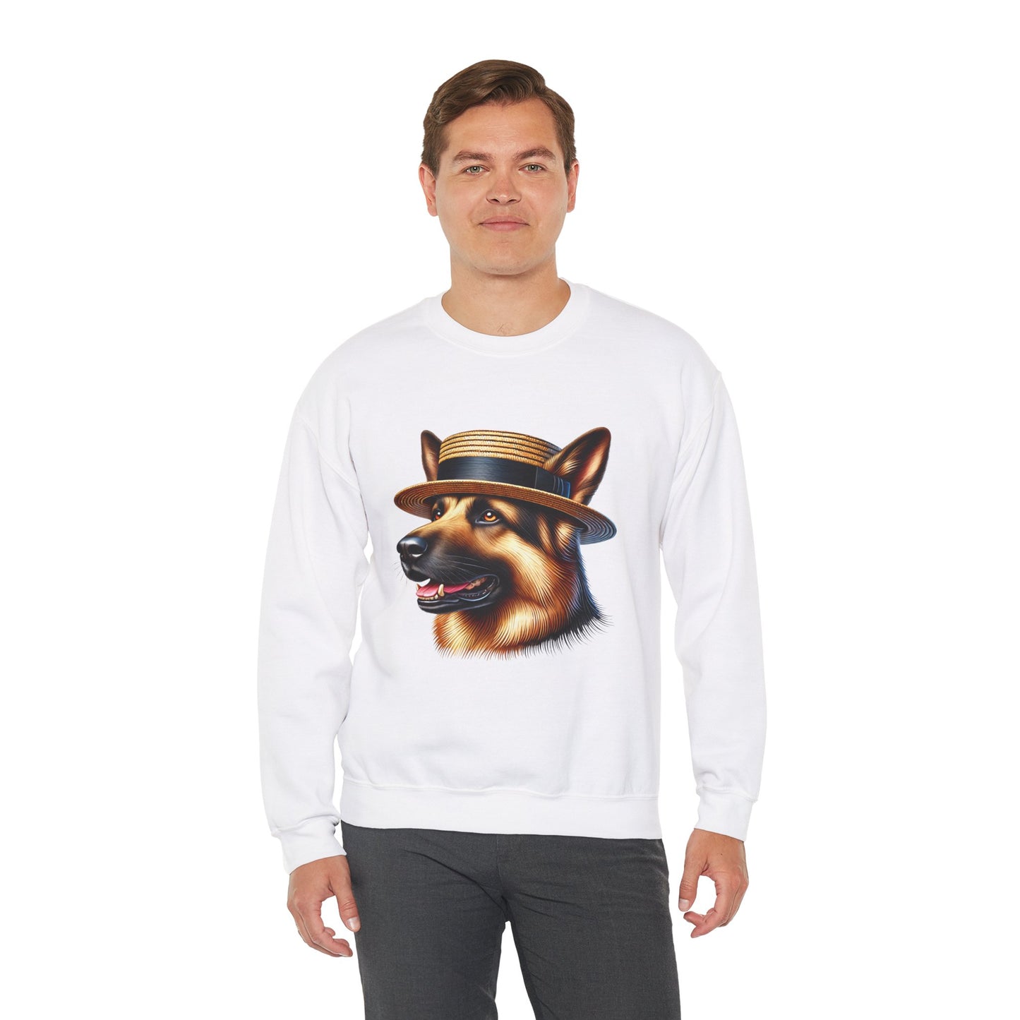 German Shepherd Wearing Boater Hat - Adult Crewneck Sweatshirt - Too Cute Pets