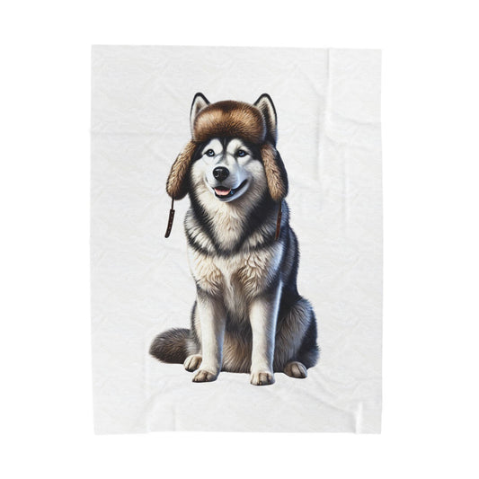 Husky Wearing a Fur Hunter Hat - Sherpa Blanket