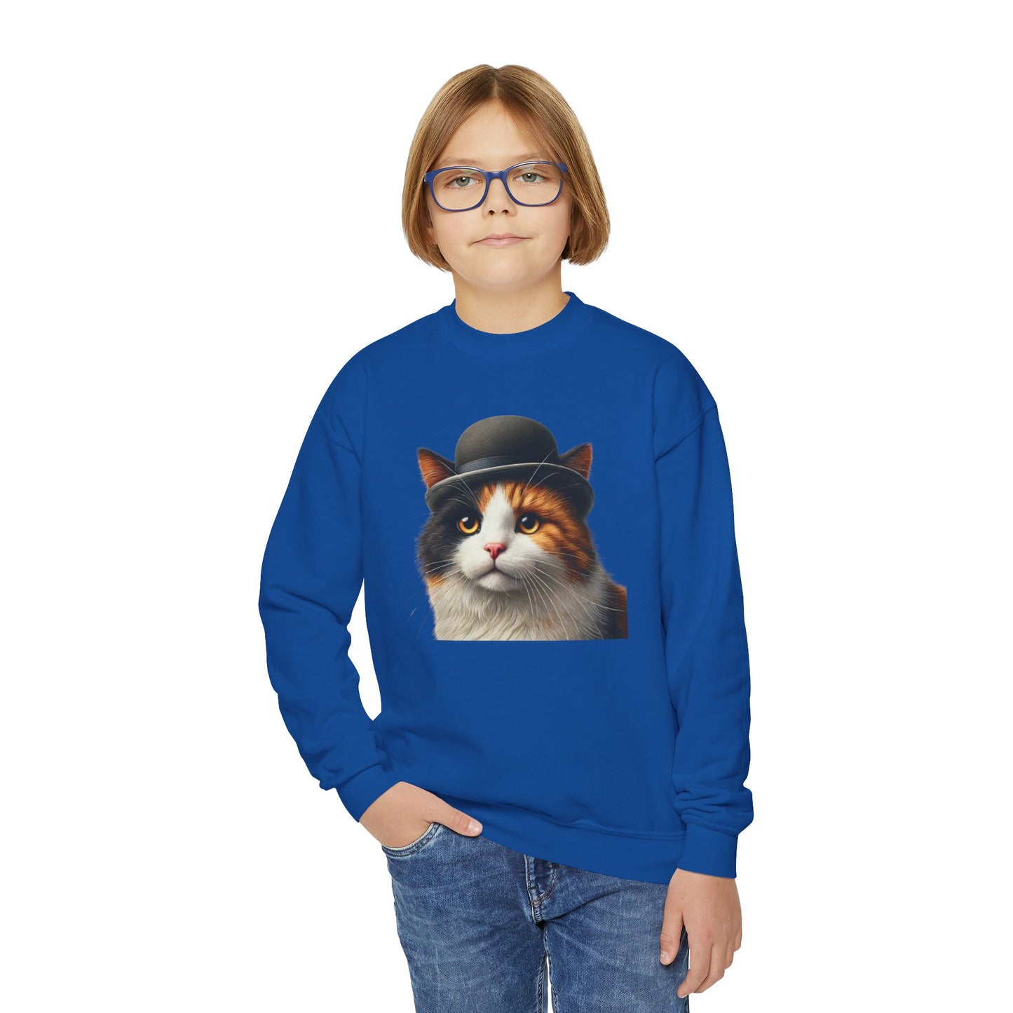 Calico Cat Wearing Bowler Hat Youth Crewneck Sweatshirt - Too Cute Pets