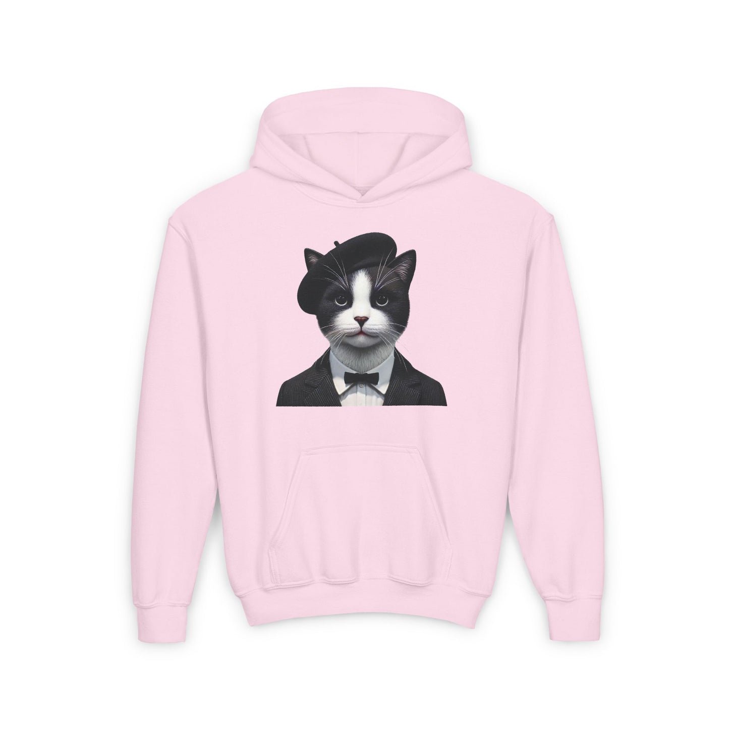 Tuxedo Cat Wearing A Tuxedo And A Beret- Youth Hoodie - Too Cute Pets