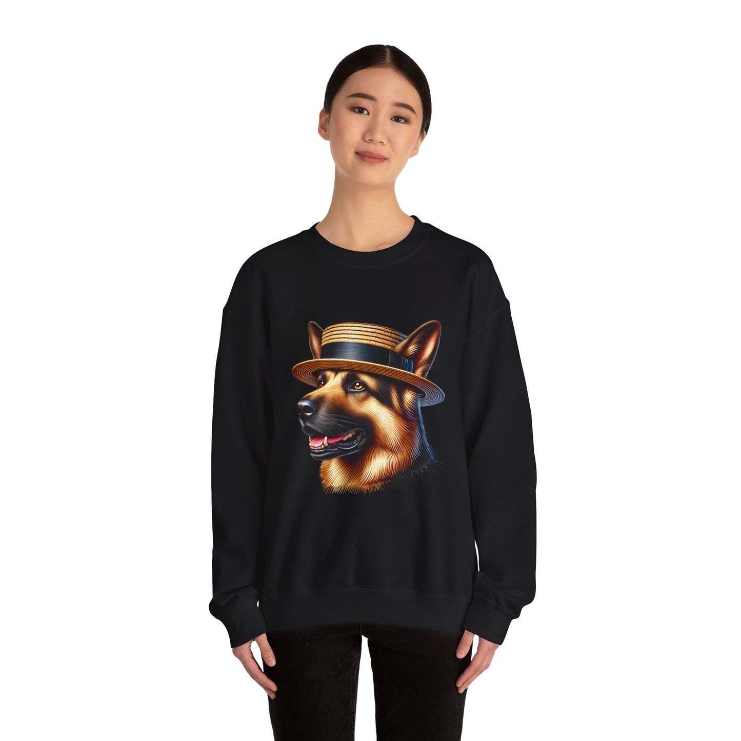 German Shepherd Wearing Boater Hat - Adult Crewneck Sweatshirt - Too Cute Pets