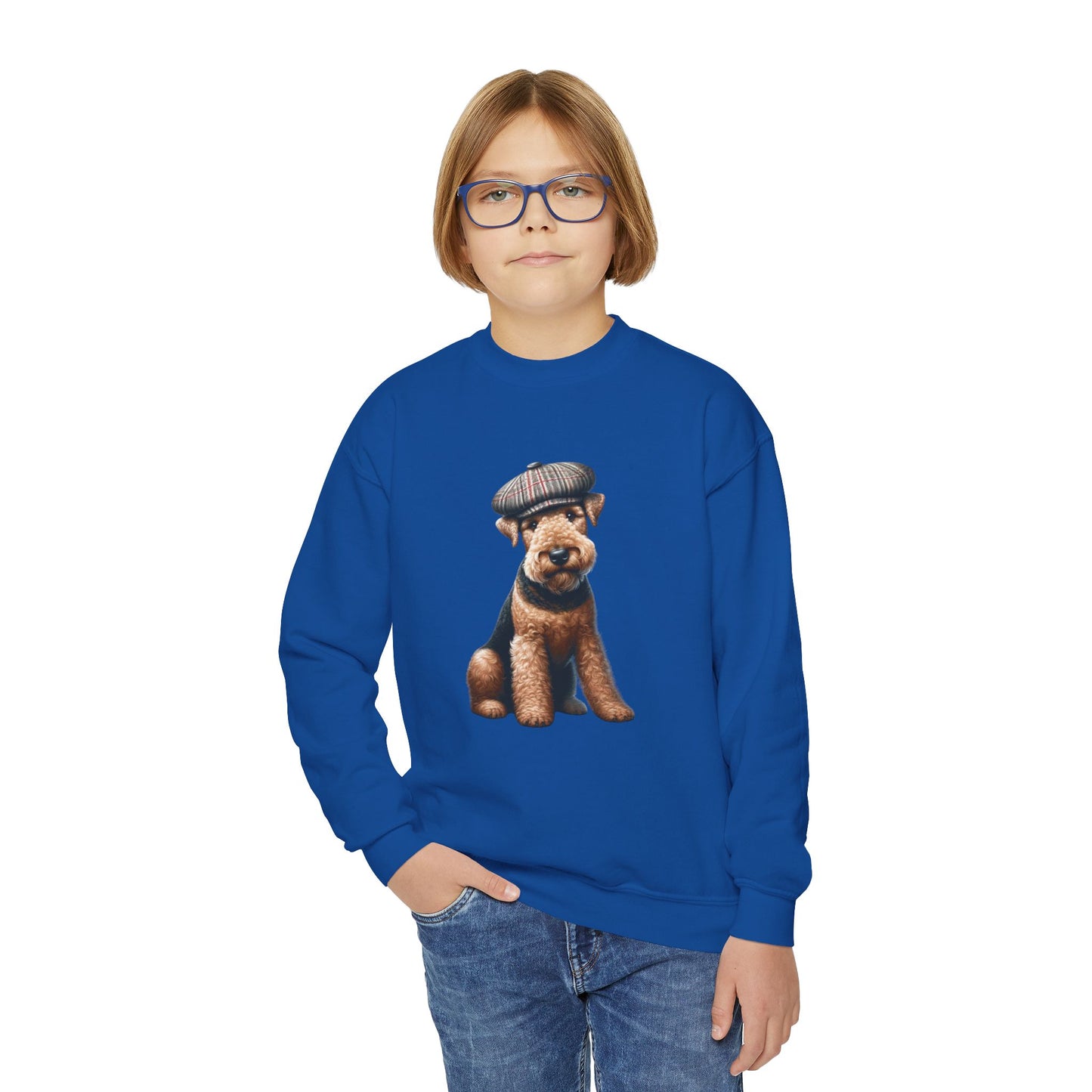 Airedale Terrier Wearing Tweed Flat Cap #2- Youth Crewneck Sweatshirt - Too Cute Pets