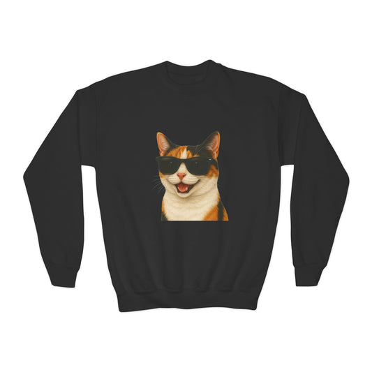 Calico Shorthair Cat Wearing Sunglasses - Youth Crewneck Sweatshirt