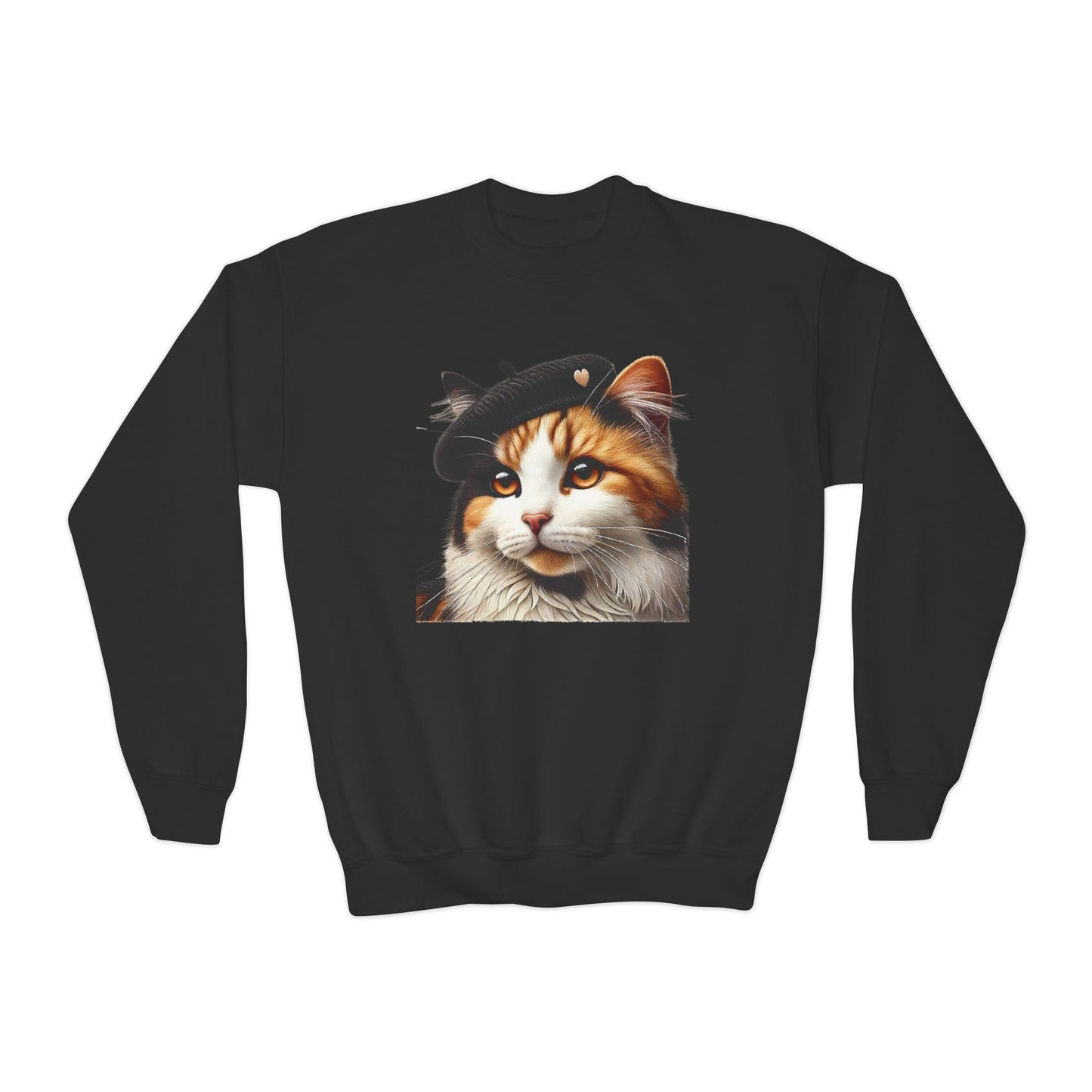 Calico Cat Wearing a Heart Beret - Youth Crewneck Sweatshirt - Too Cute Pets