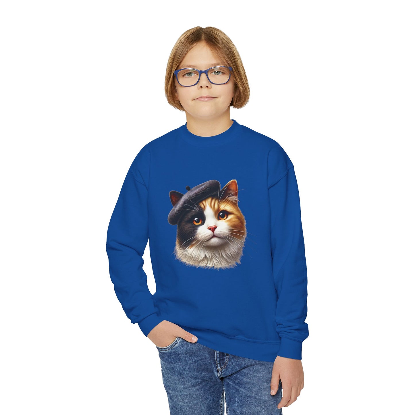 Calico Cat Wearing Beret Sweatshirt - Youth Crewneck Sweatshirt - Too Cute Pets