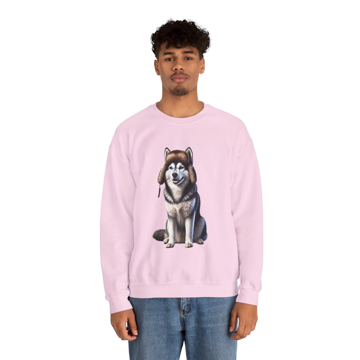 Husky in Fur Trappers Hat - Adult Crewneck Sweatshirt - Too Cute Pets