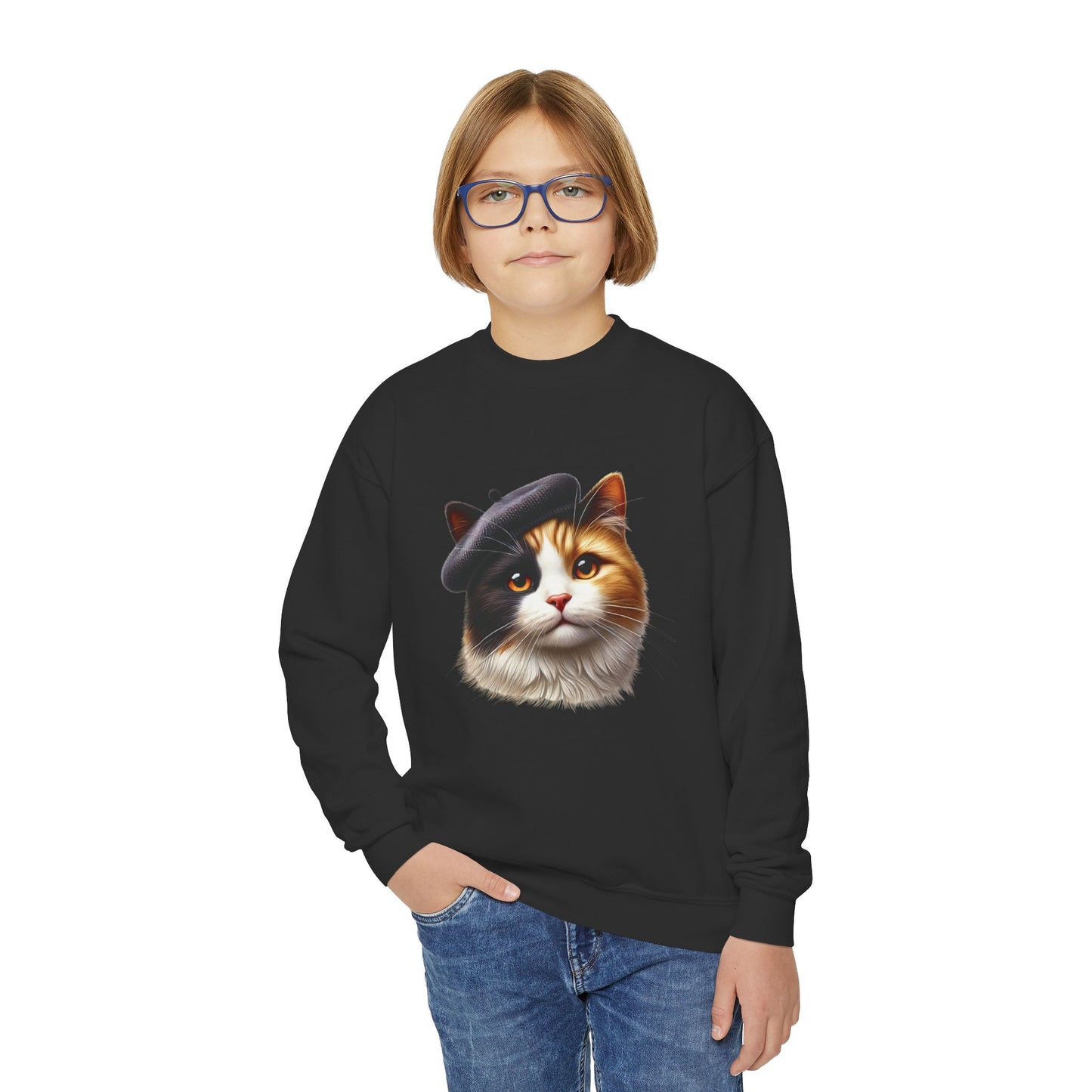 Calico Cat Wearing Beret Sweatshirt - Youth Crewneck Sweatshirt - Too Cute Pets