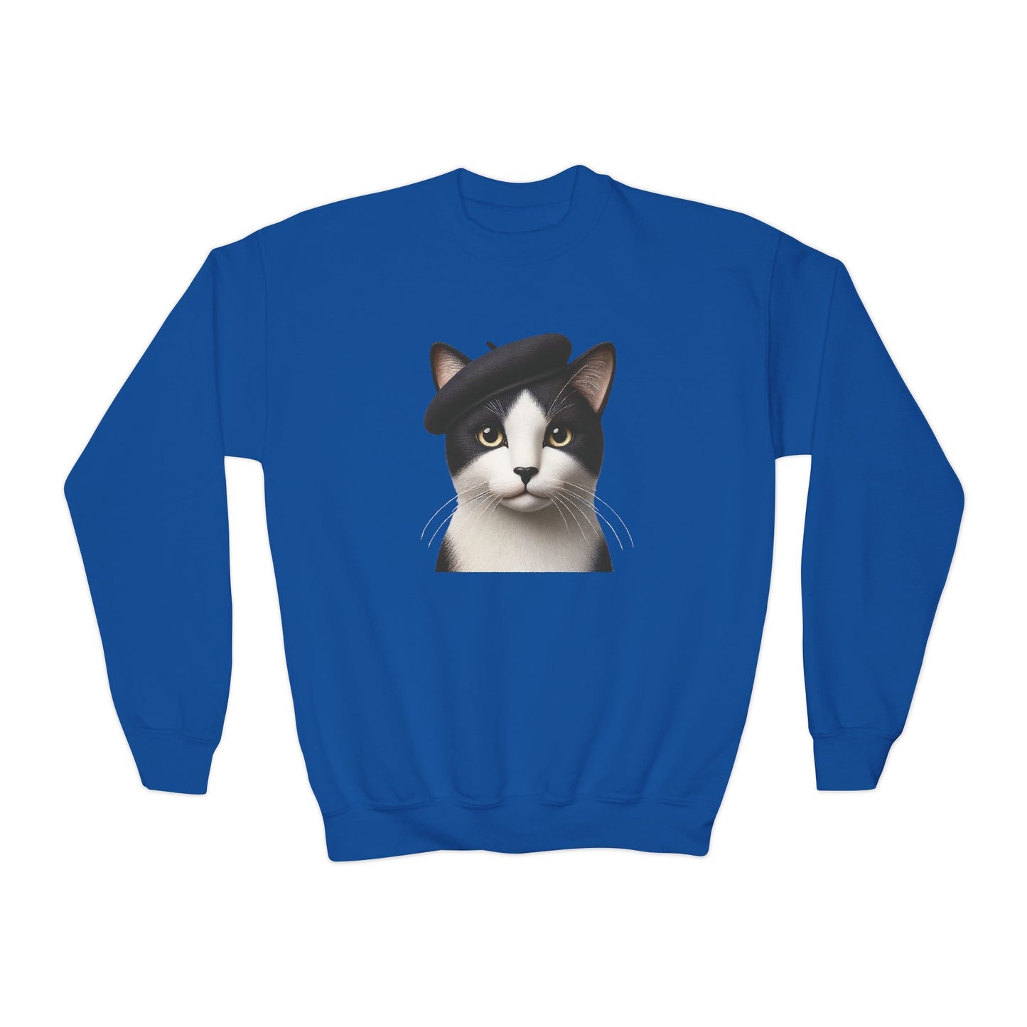 Tuxedo Cat Wearing A Beret - Youth Crewneck Sweatshirt - Too Cute Pets