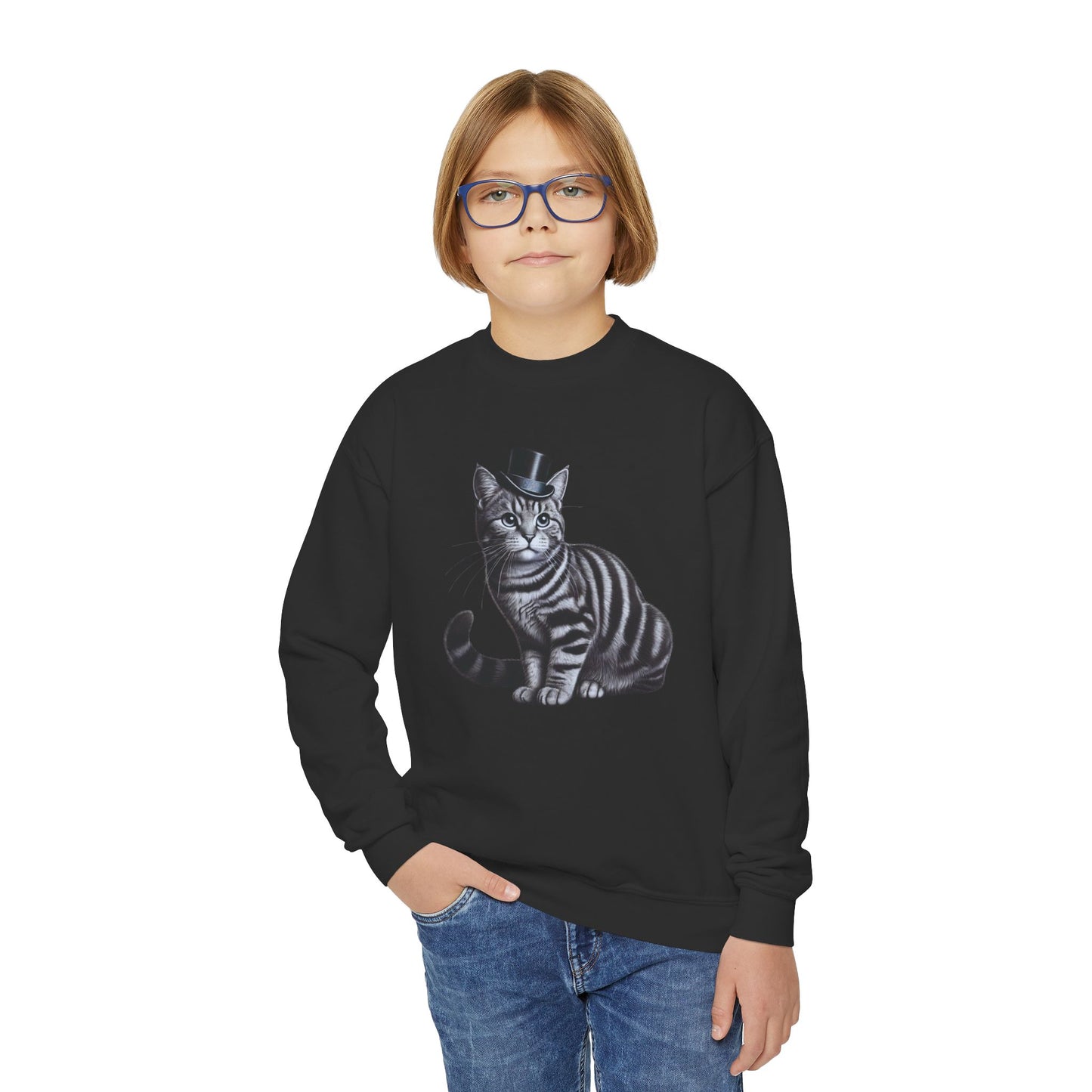 Tabby Wearing Top Hat Youth Sweatshirt (Black & White Image) - Too Cute Pets