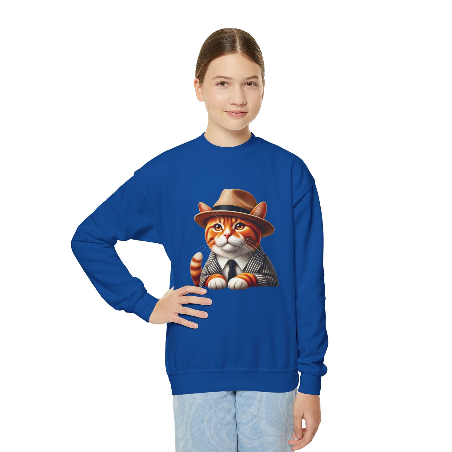 Tabby Cat Dressed In A Suit and Fedora Hat Youth Crewneck Sweatshirt - Too Cute Pets