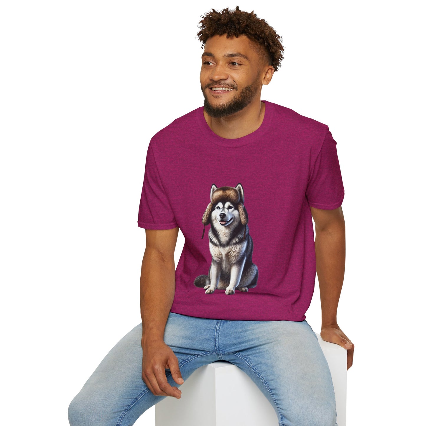 Husky Wearing A Fur Trappers hat- Adult T-Shirt - Too Cute Pets