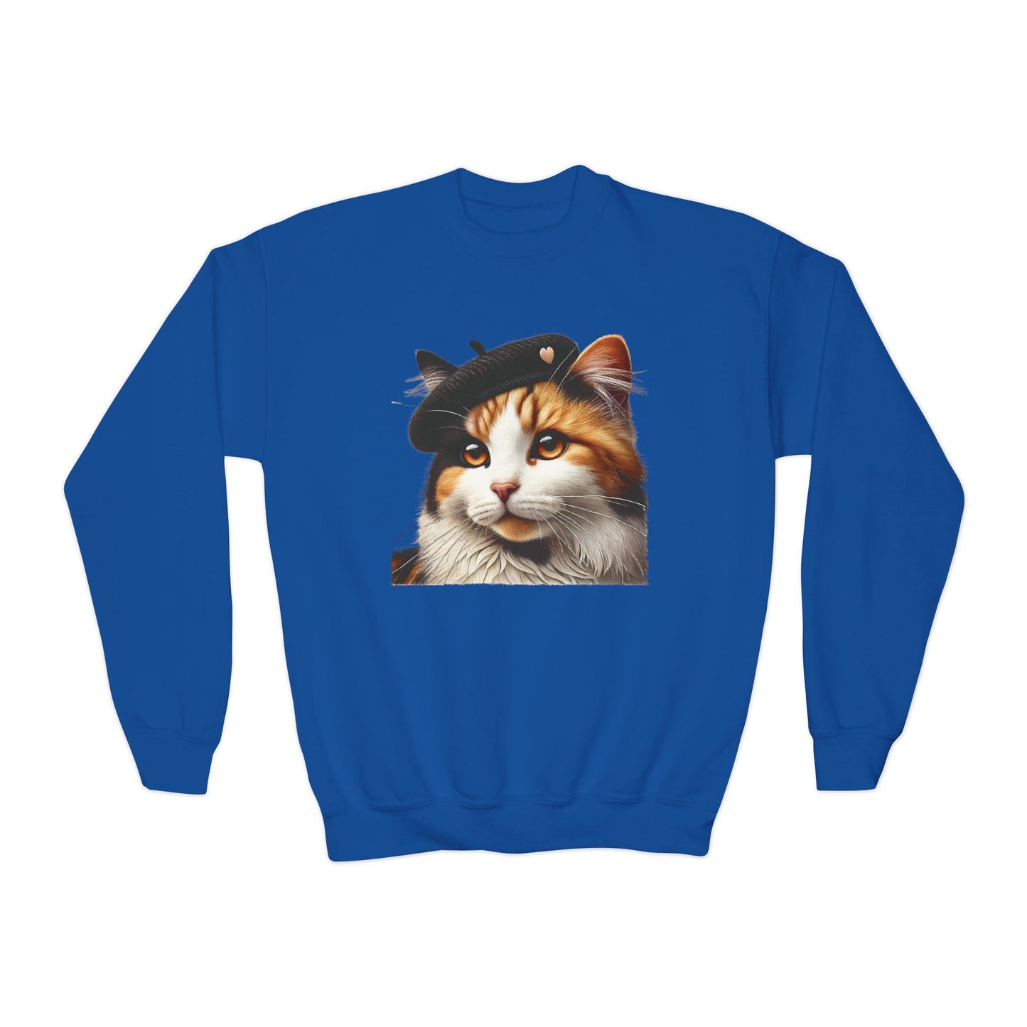 Calico Cat Wearing a Heart Beret - Youth Crewneck Sweatshirt - Too Cute Pets