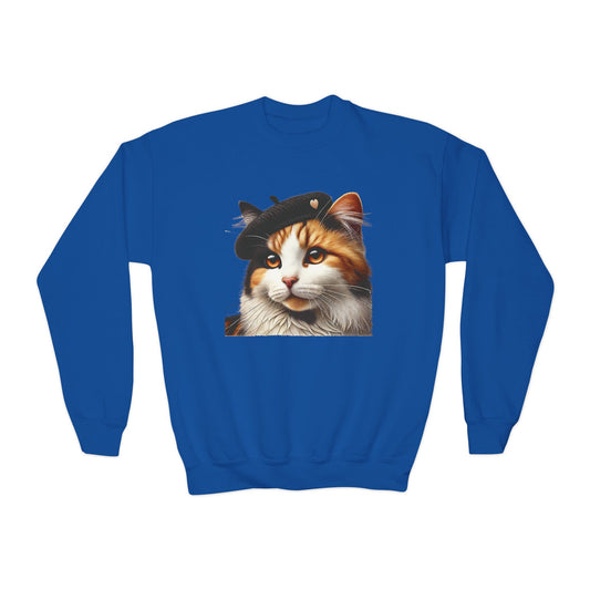 Calico Cat Wearing a Heart Beret - Youth Crewneck Sweatshirt