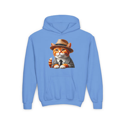 Tabby Cat Dressed In A Suit and Fedora Hat Youth Hoodie - Too Cute Pets