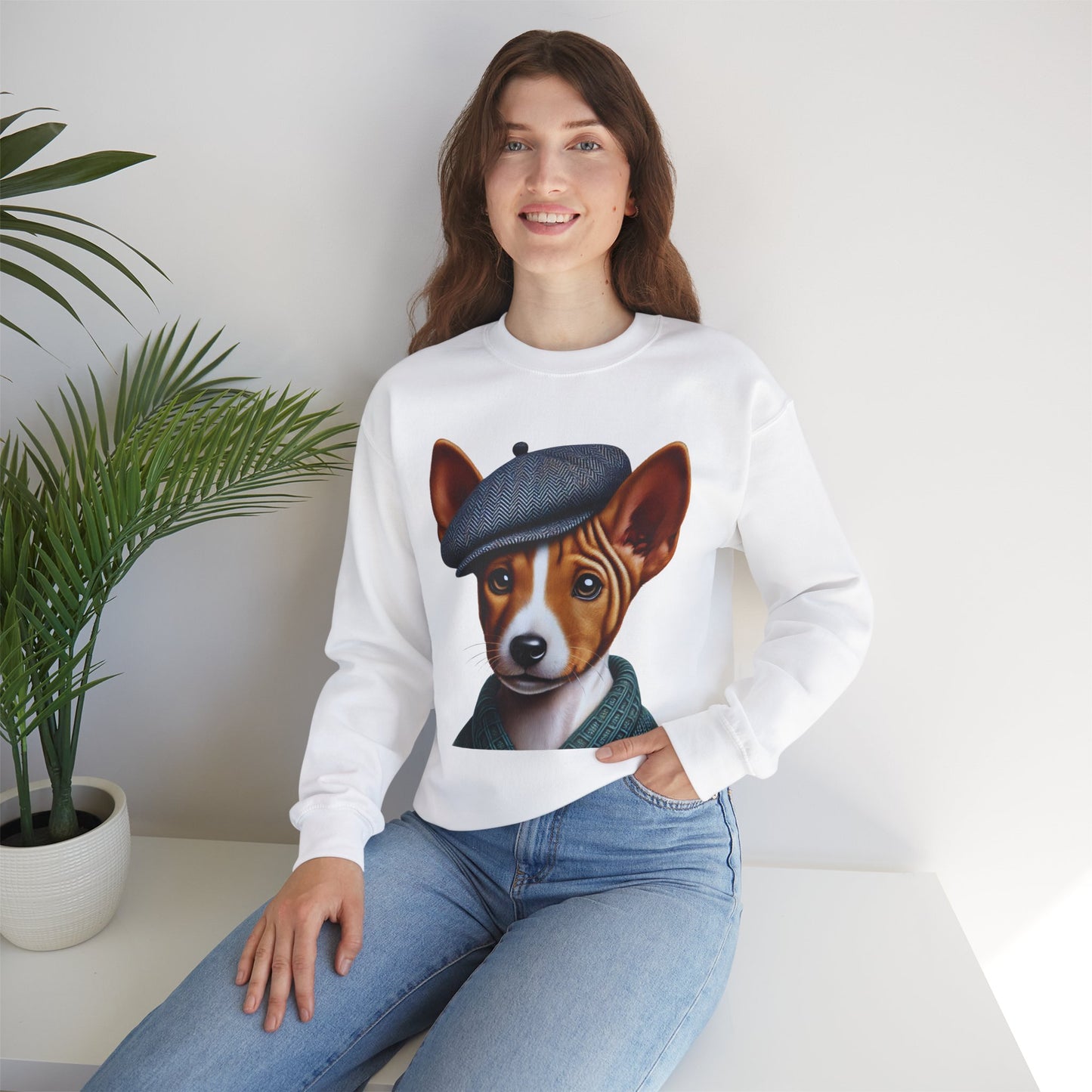 Cute Basenji Pup Wearing Tweed Flat Cap- Adult Crewneck Sweatshirt - Too Cute Pets