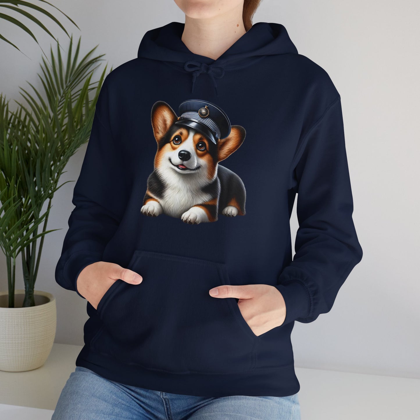 Cute Corgi Wearing A Train Conductors Hat - Adult Hoodie - Too Cute Pets
