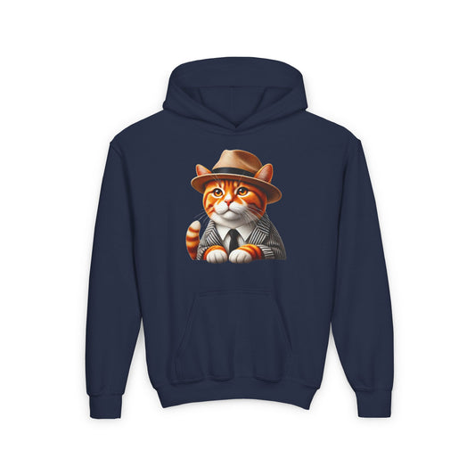Tabby Cat Dressed In A Suit and Fedora Hat Youth Hoodie - Too Cute Pets