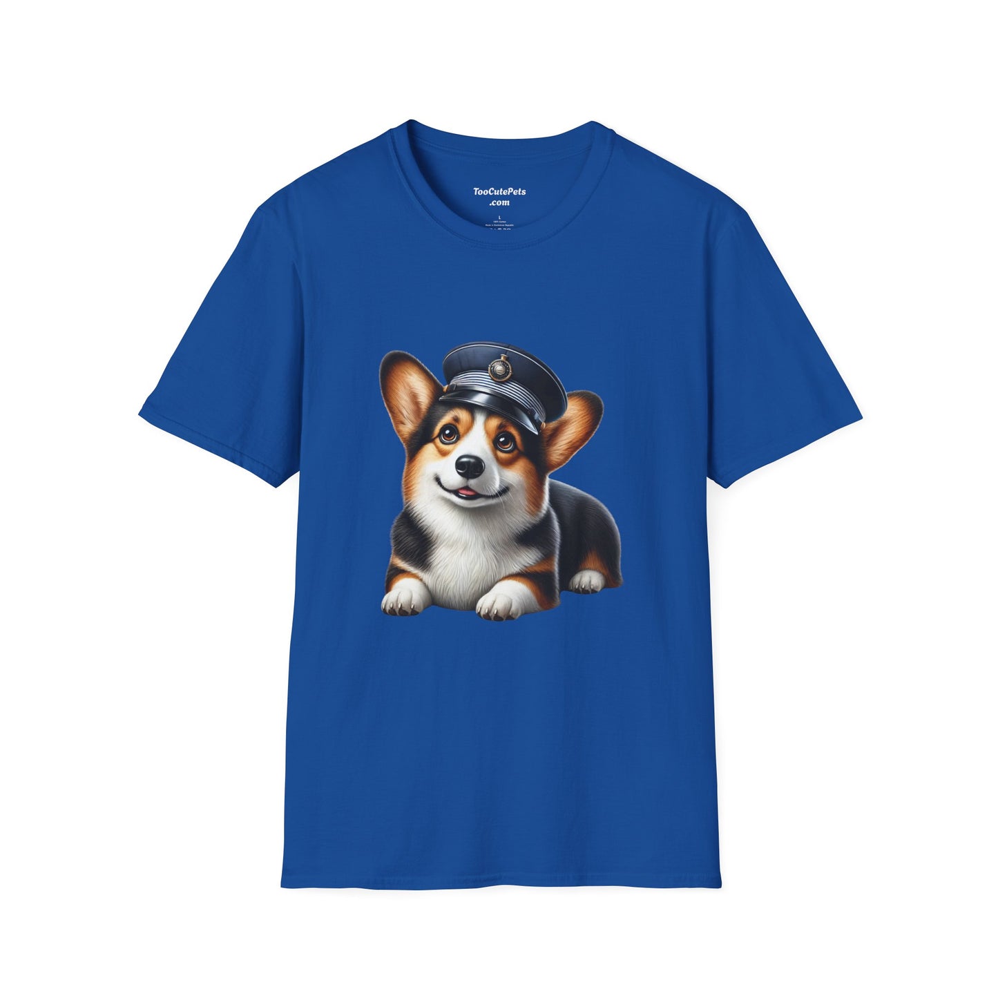 Cute Corgi Wearing A Train Conductors Hat -  Adult T-Shirt - Too Cute Pets