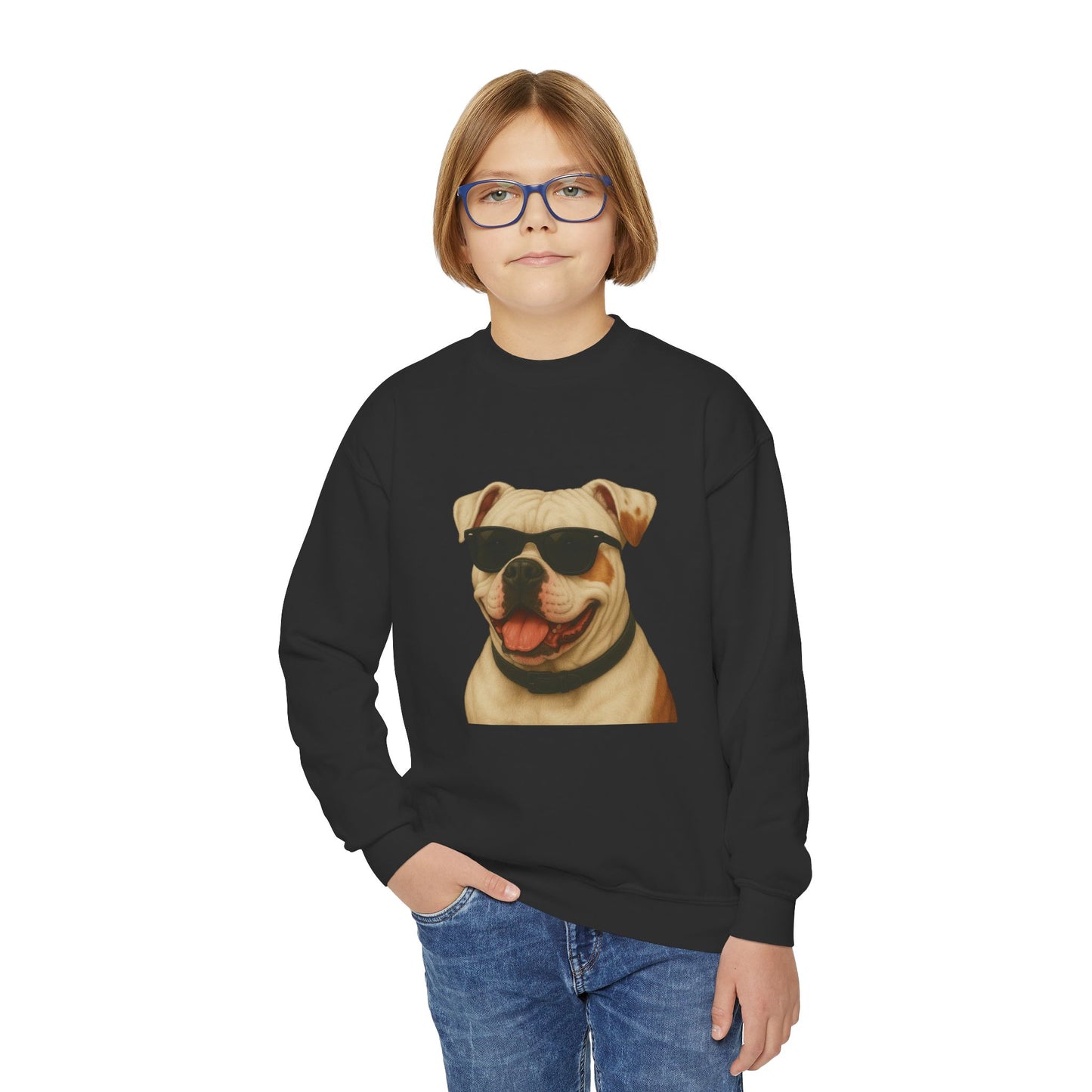 American Bulldog Portrait Youth Crewneck Sweatshirt with Sunglasses Design