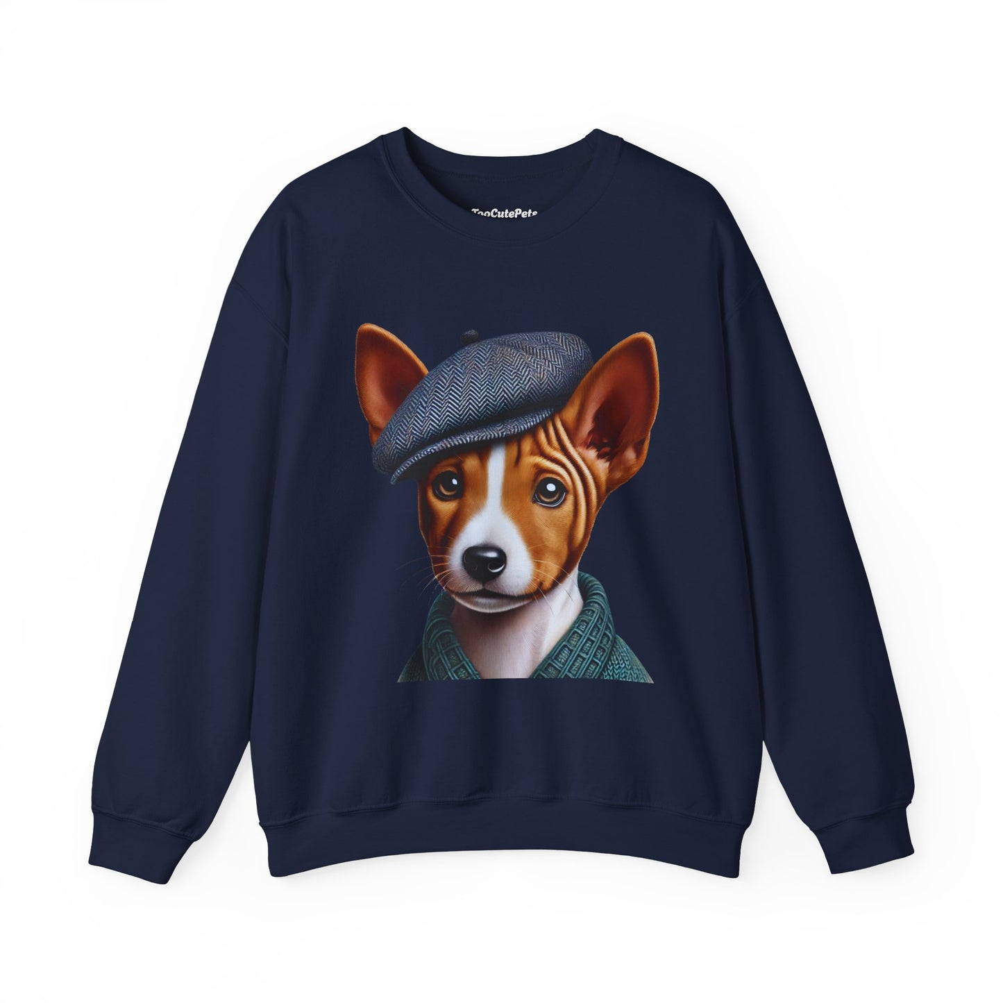 Cute Basenji Pup Wearing Tweed Flat Cap- Adult Crewneck Sweatshirt - Too Cute Pets