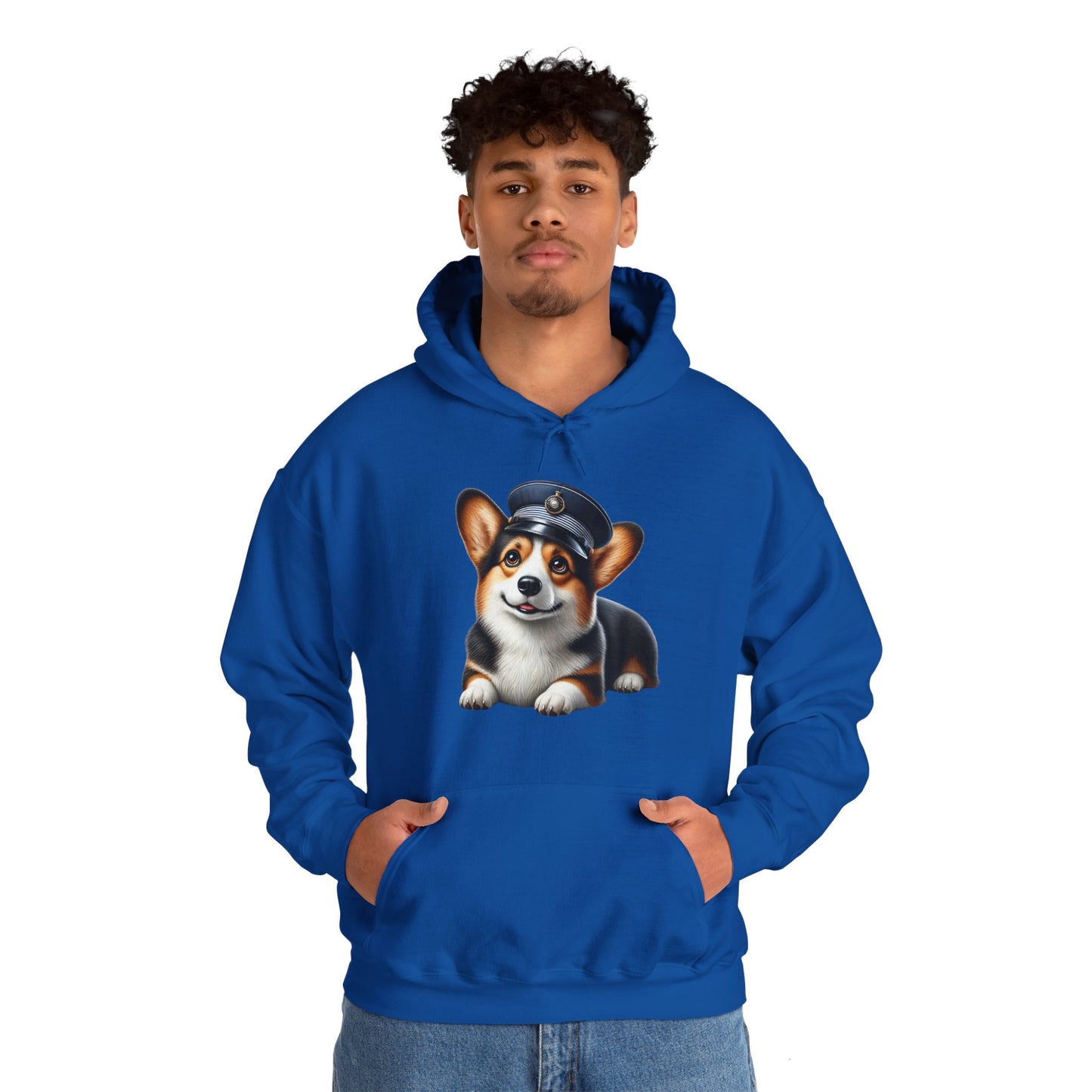 Cute Corgi Wearing A Train Conductors Hat - Adult Hoodie - Too Cute Pets