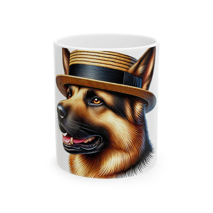 German Shepherd Wearing a Boater Hat - Ceramic Mug